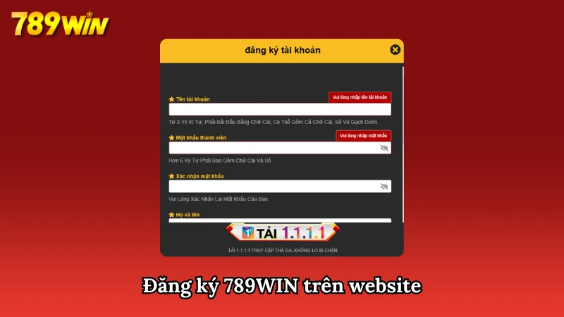 Tạo tài khoản 789WIN trên website